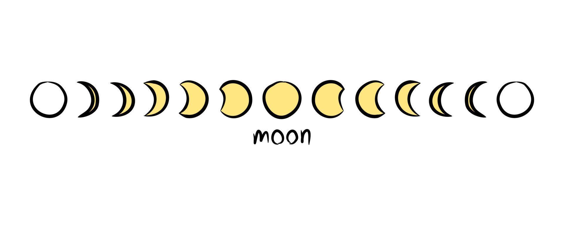 Yellow moon different phases of lunar phases kid hand drawing on white background doodle flat vector icon design.