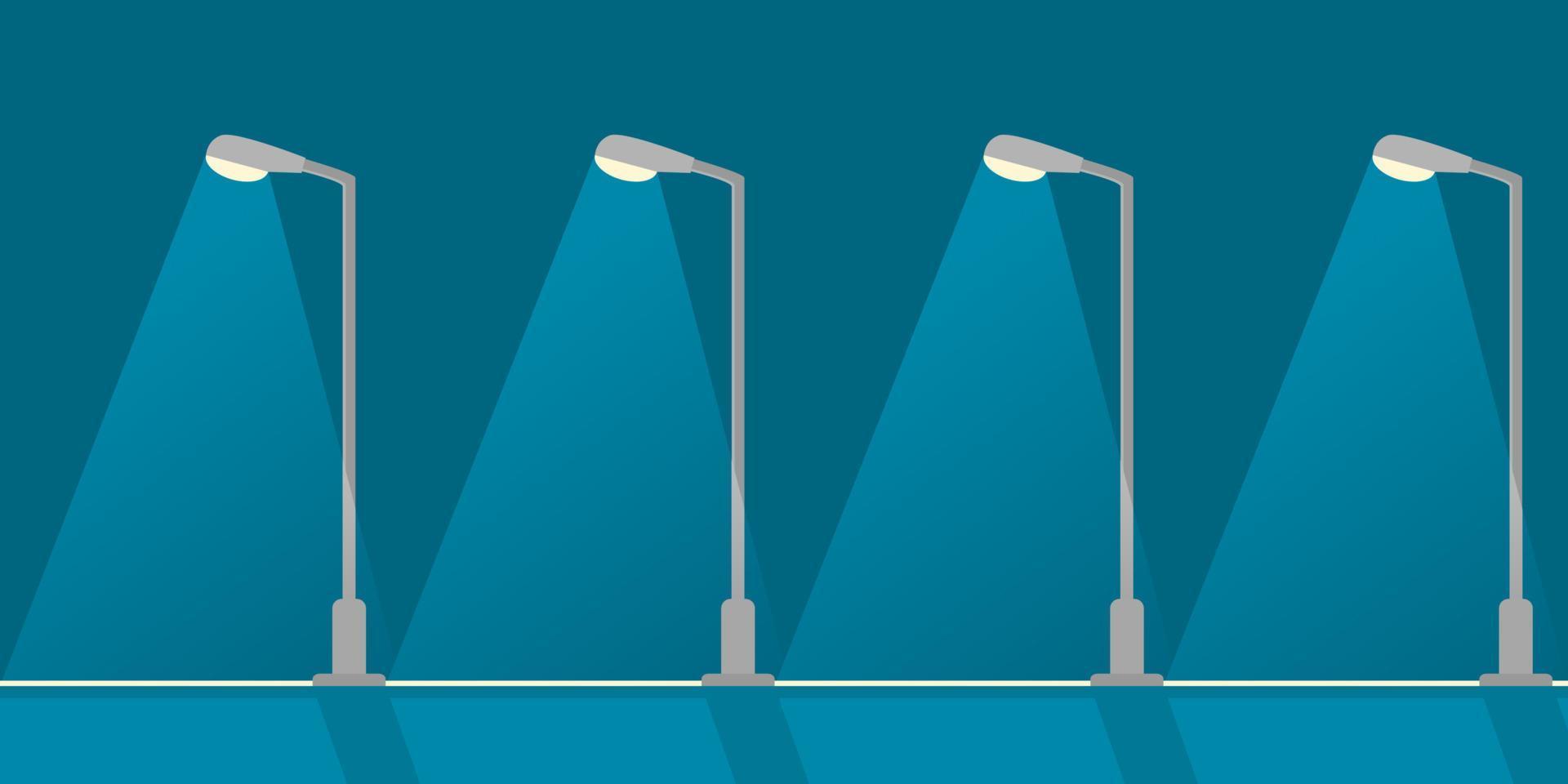 Streetlight lamp poles illumination in night time on dark blue background flat icon vector design.