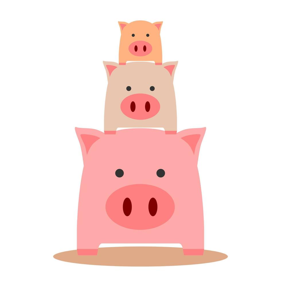 Tres rosado marrón y naranja grasa linda cerdo o cerdito en blanco antecedentes dibujos animados personaje plano vector diseño.