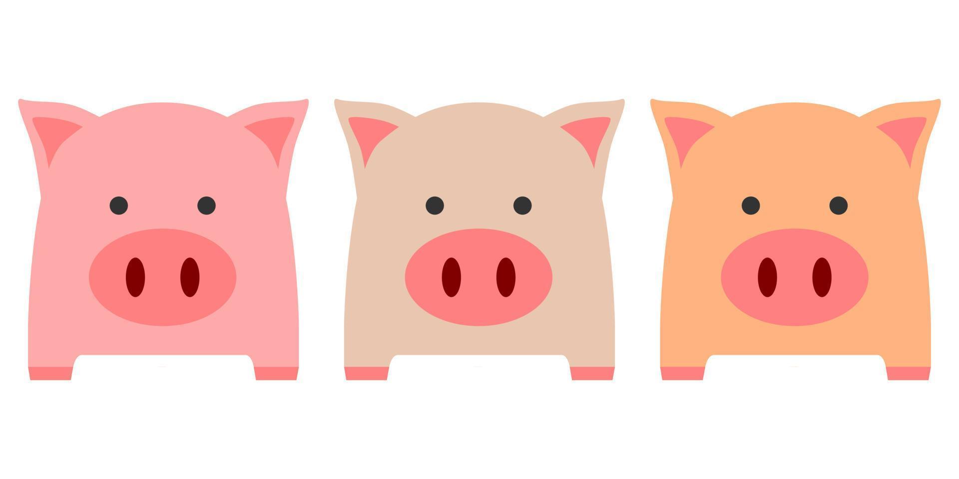 Tres rosado marrón y naranja grasa linda cerdo o cerdito en blanco antecedentes dibujos animados personaje plano vector diseño.