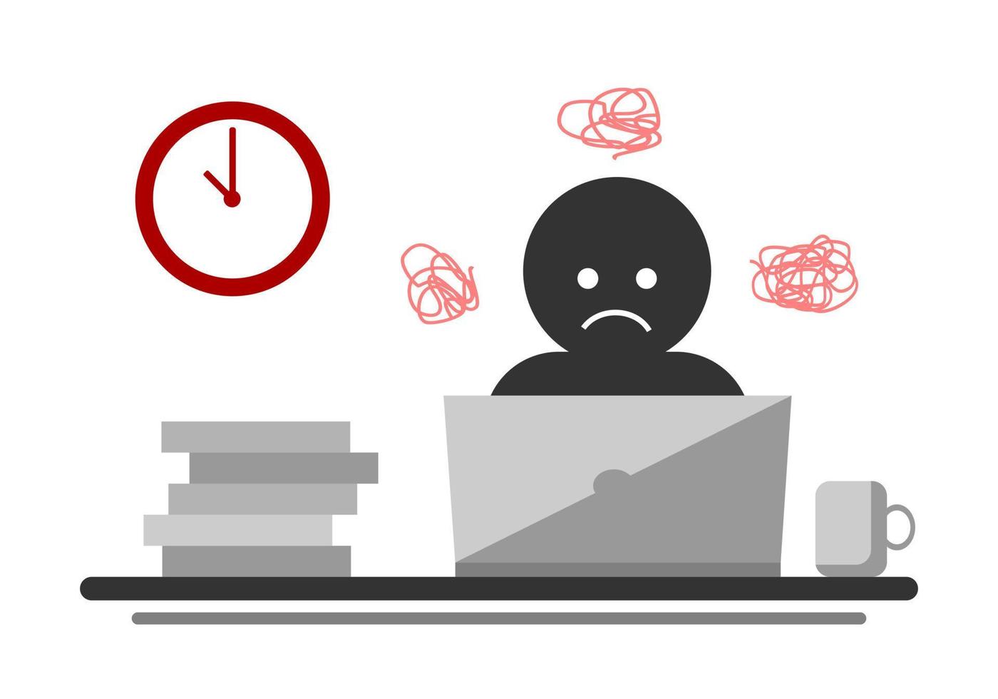 Office worker stressful and sad deadline busy overtime O.T. late night on working space table laptop or computer notebook white background flat vector design.