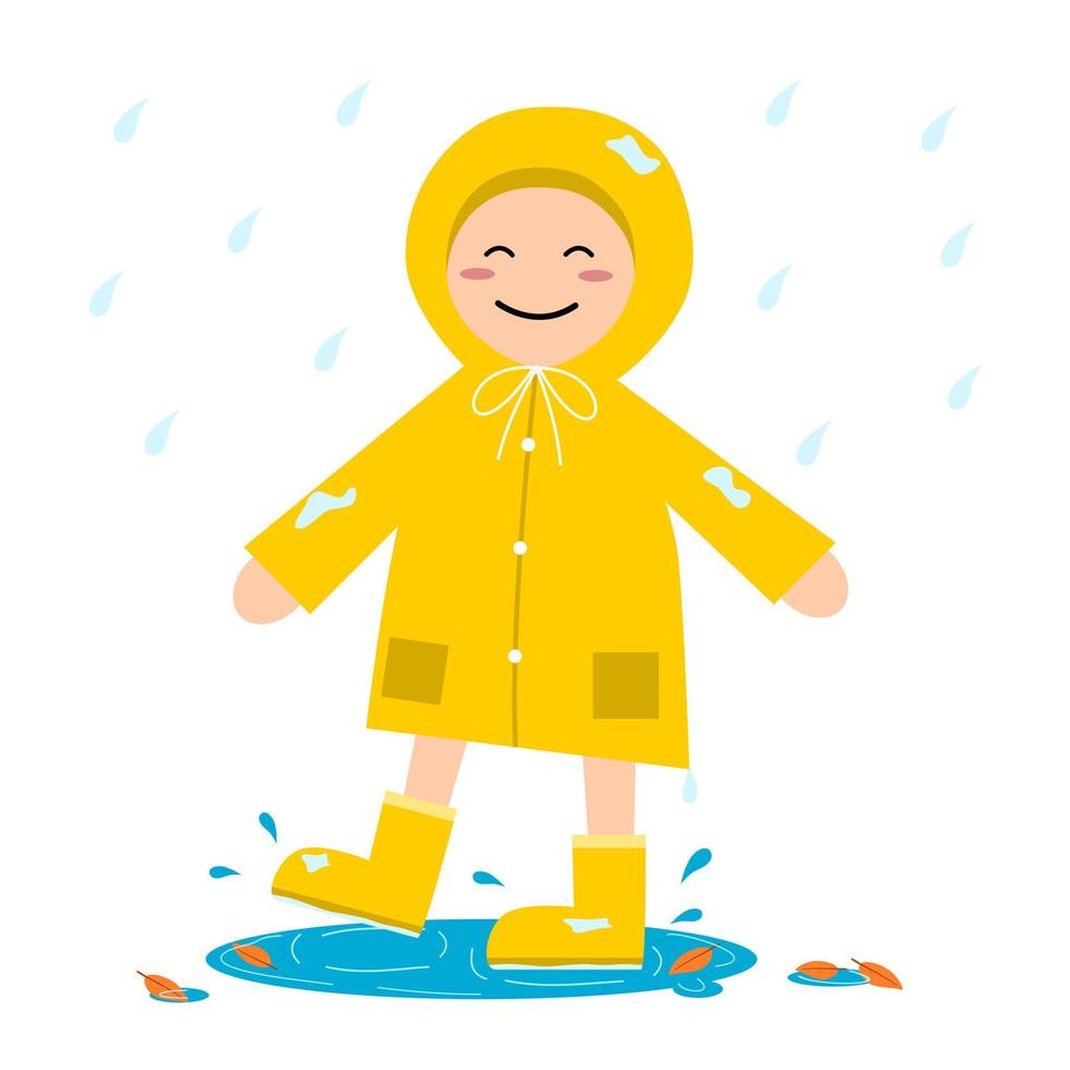 niño contento sonrisa vistiendo amarillo impermeable y botas caminando en charco agua lluvia plano vector diseño.