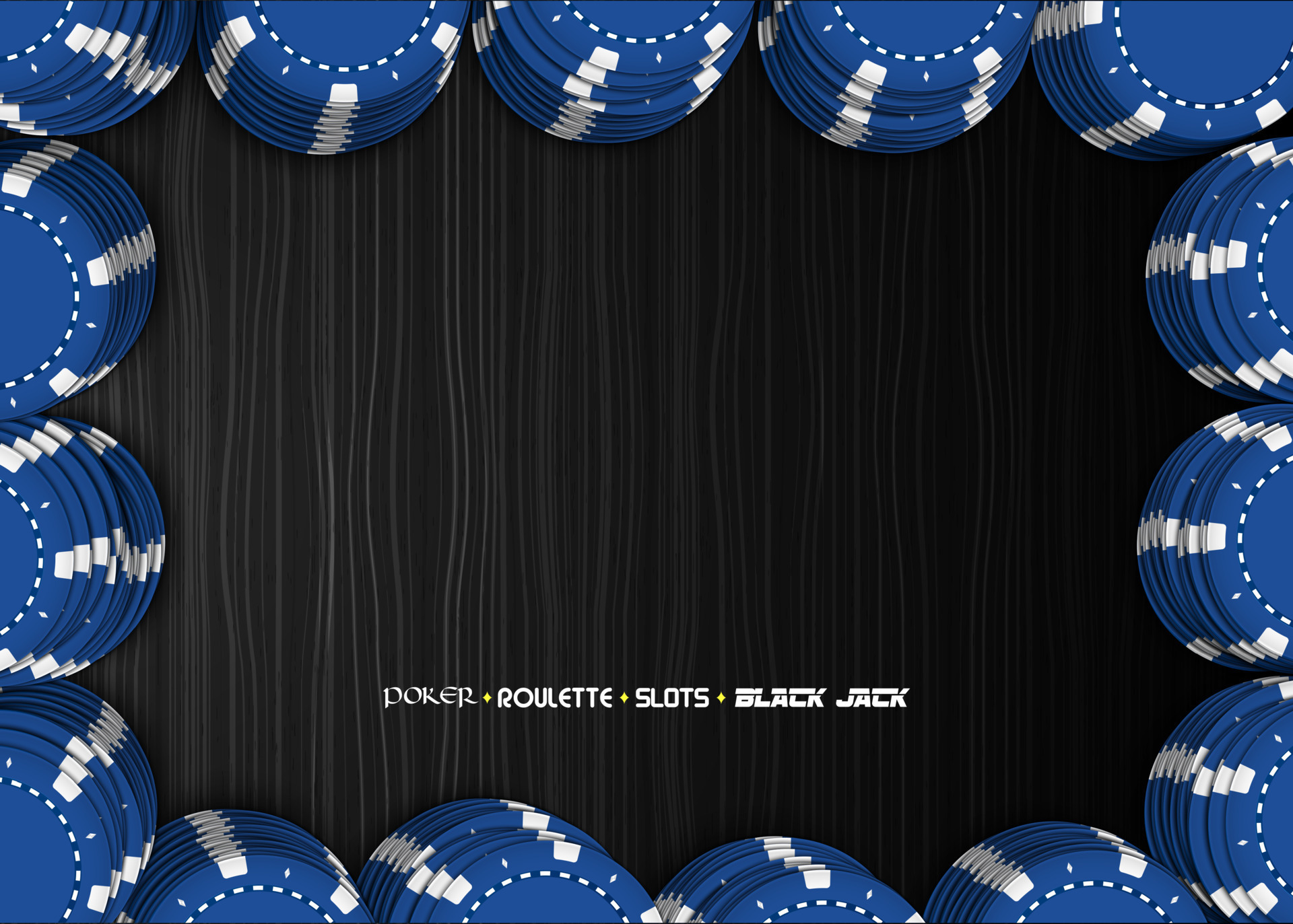 Casino chips on a black background. Top view of blue stacks casino