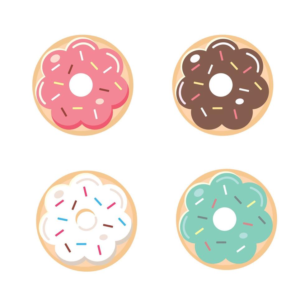 conjunto de vectores de rosquilla aislado sobre fondo blanco. vista superior colección de donas en glaseado con chocolate blanco, fresa, menta y chocolate. ilustración de diseño plano. lindos dulces y postres de dibujos animados.