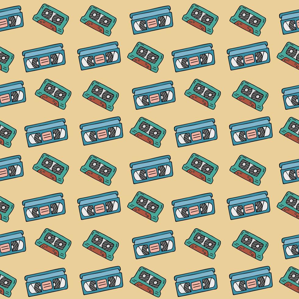 Retro pattern. Audio and video tapes. 90s style doodles seamless background. Trendy vector pattern. Doodle illustration for vintage designs