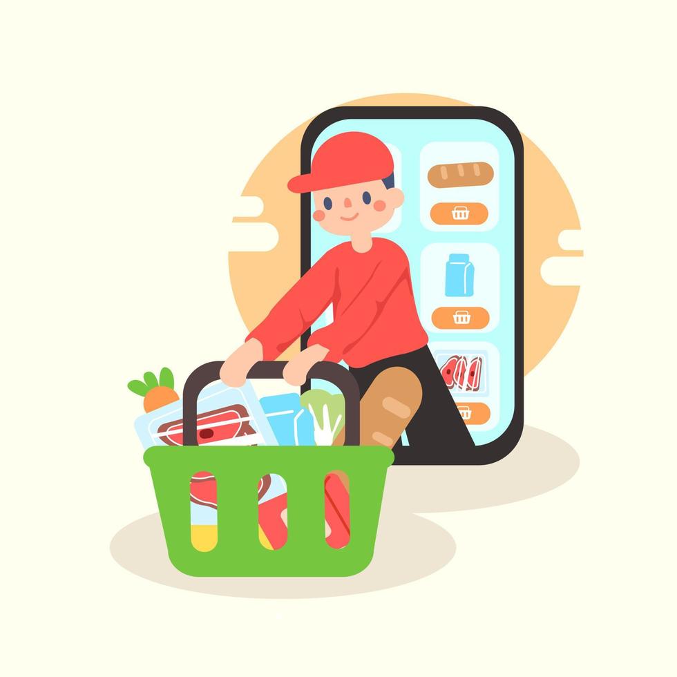 comida delivery.online compras.quédate a casa, nosotros entregar a usted.orden alimento, tienda de comestibles en línea desde aplicación por inteligente teléfono. rápido entrega. vector de comestibles, balde, inteligente teléfono.