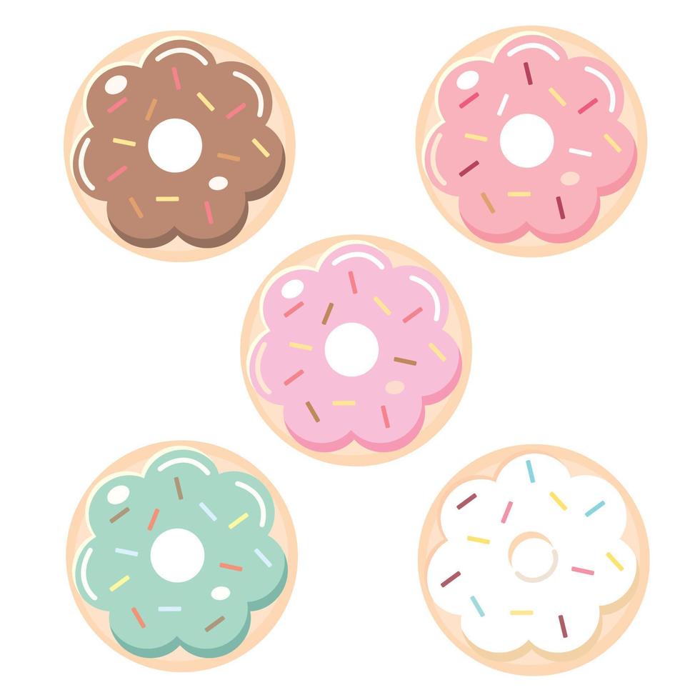 Donut vector set isolated on white background. Top View Donuts collection into glaze with white chocolate, strawberry,mint and chocolate.flat design illustration. cute cartoon sweets and desserts.