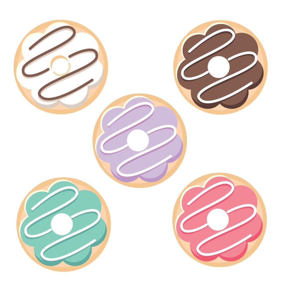 conjunto de vectores de rosquilla aislado sobre fondo blanco. vista superior colección de donas en glaseado con chocolate blanco, fresa, menta y chocolate. ilustración de diseño plano. lindos dulces y postres de dibujos animados.