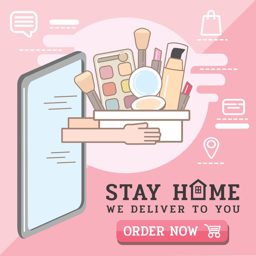 Cosmetics online shop order. Online store delivery.Shopping Online on Website or Mobile Application. Vector Concept Marketing and Digital marketing.New Normal lifestyle.Stay home, we deliver.