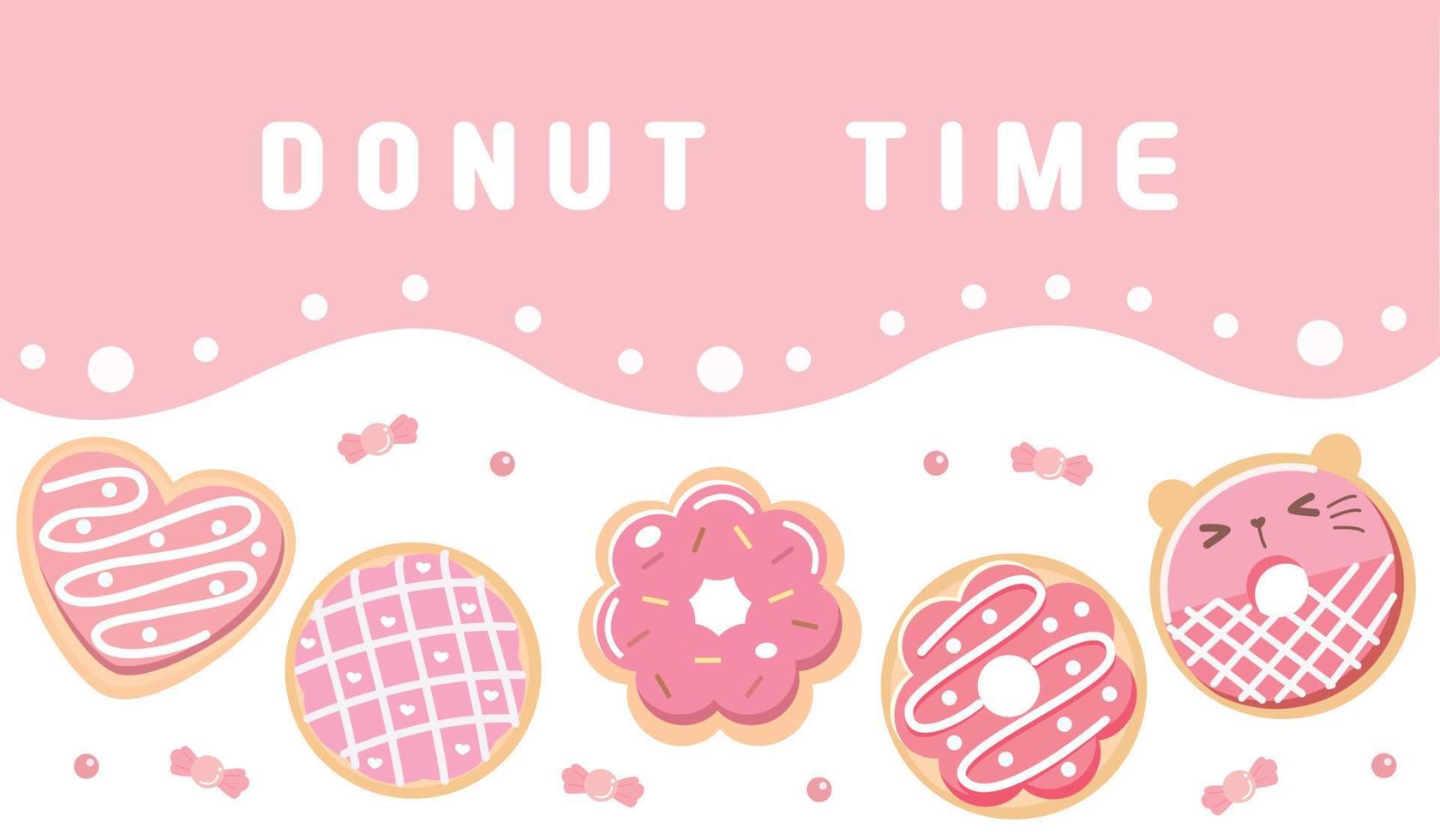 Pink Donut vector set isolated on white and pink background. Top View Donuts collection into glaze with strawberry.flat design illustration. cute cartoon sweets and desserts. different shape of donut.