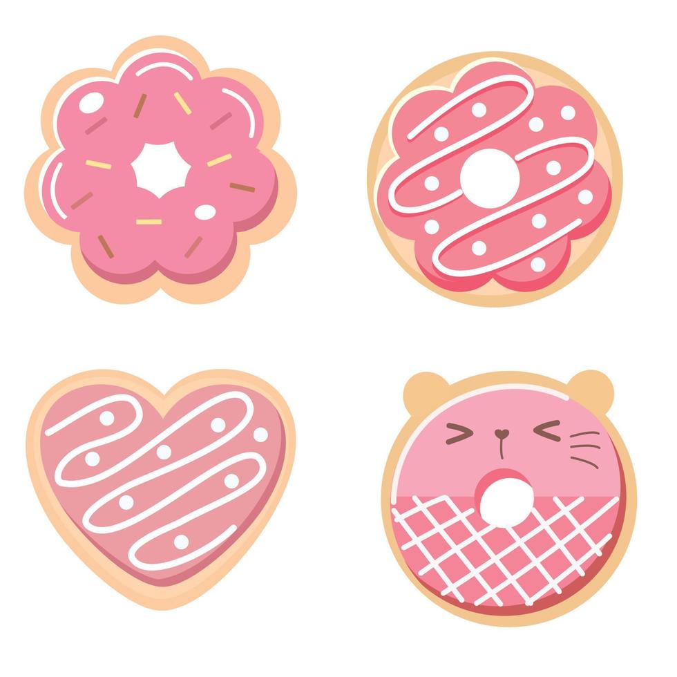 Pink Donut vector set isolated on white background. Top View Donuts collection into glaze with strawberry.flat design illustration. cute cartoon sweets and desserts. different shape of donut.