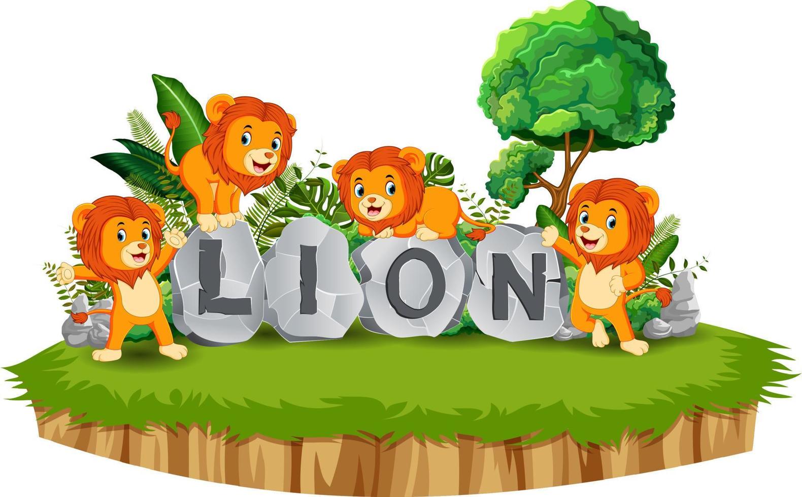 los leones juegan juntos en el jardín con letras de piedra vector