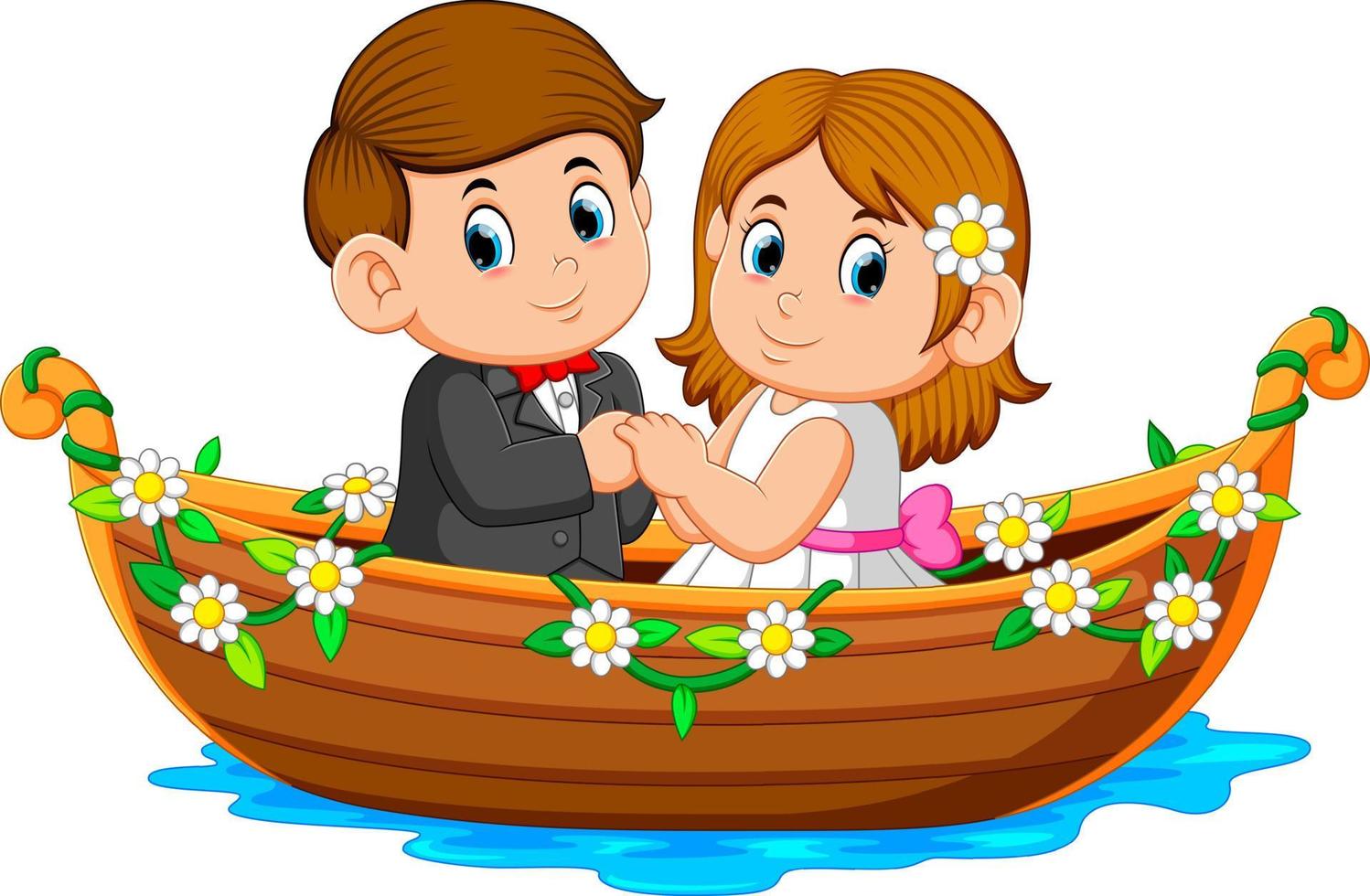 the couple are posing on the beautiful boat with the flowers around it vector