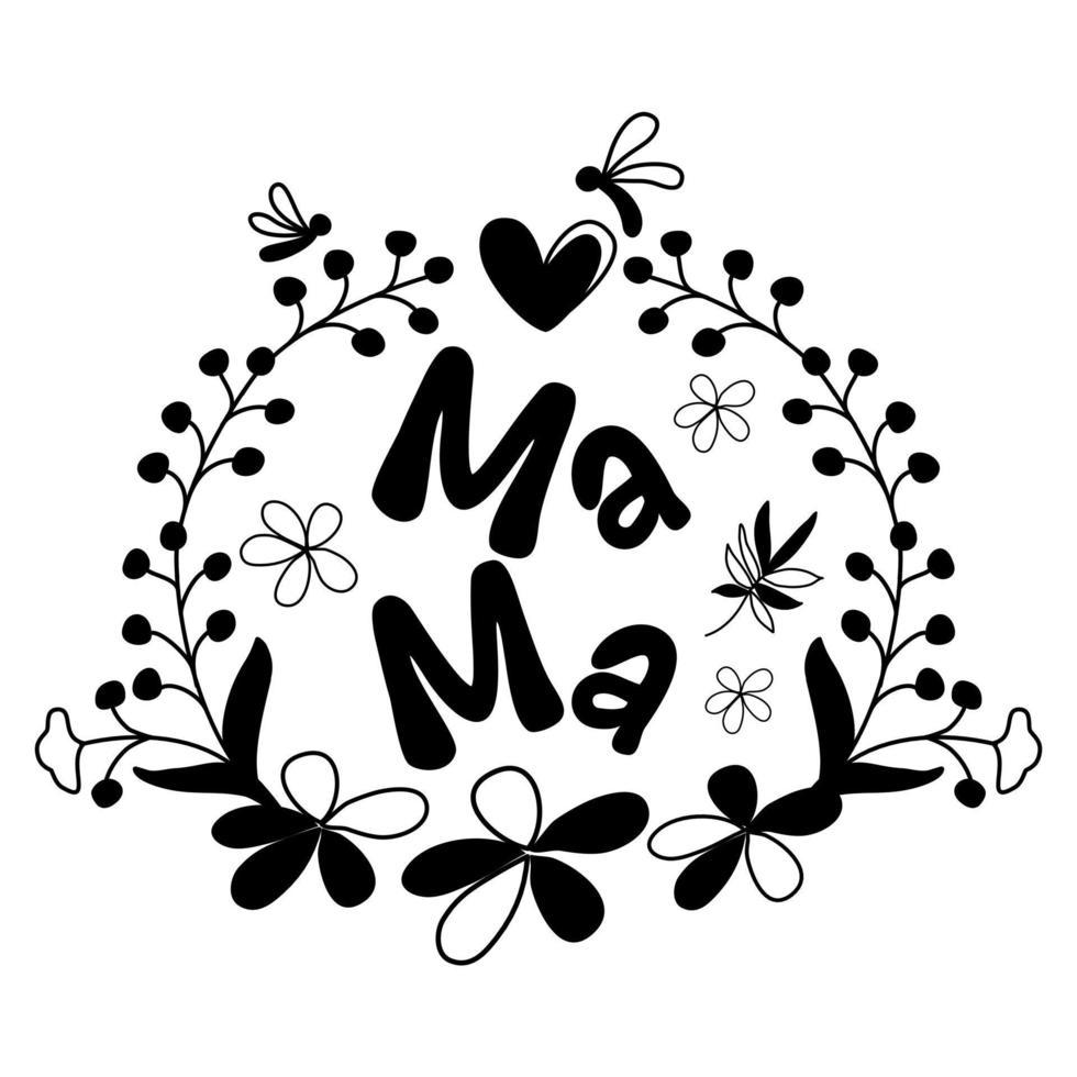 Set of vector hand lettering and floral patterns for Mother's Day, designed in black tones. It can be adapted to various applications such as cards, tshirt designs, gifts for moms, bag designs, mug