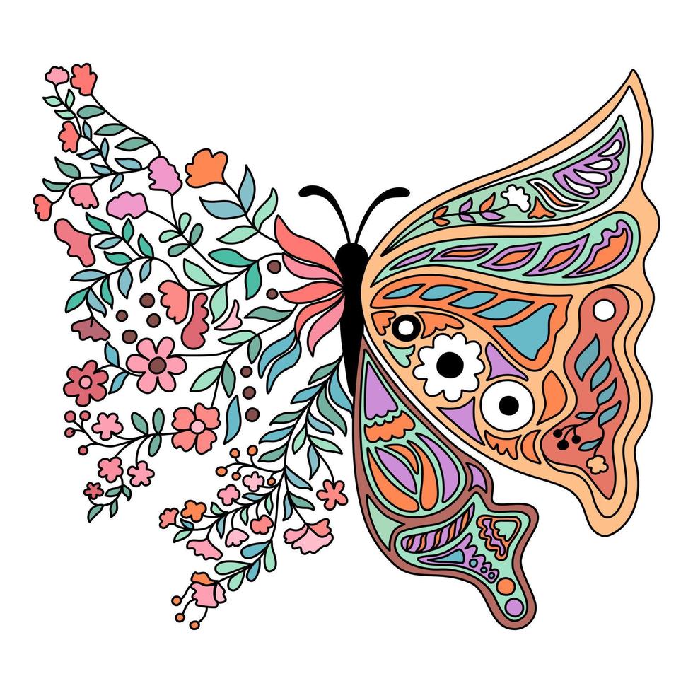 Butterfly and flower design vector illustration, doodle style for tshirt designs, cards, fabrics, clothes designs, scrapbook, pillow designs, digital prints, canvas prints and more.