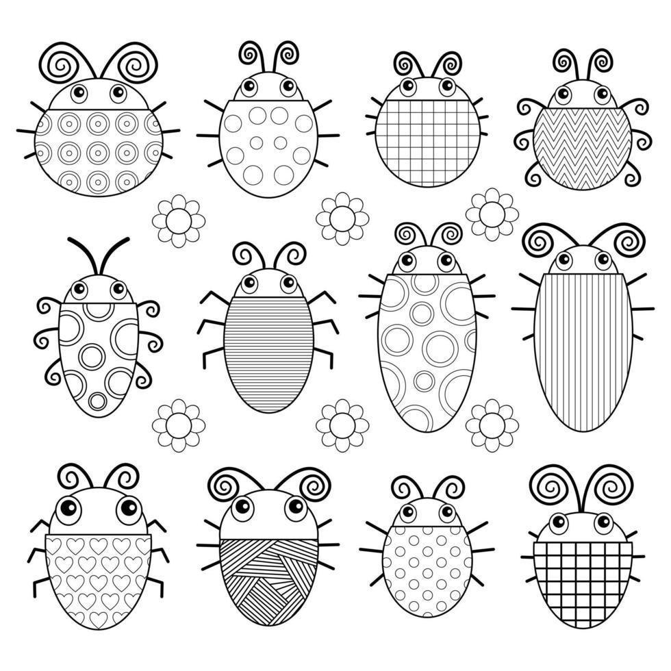 negro y blanco dibujos animados escarabajos vector