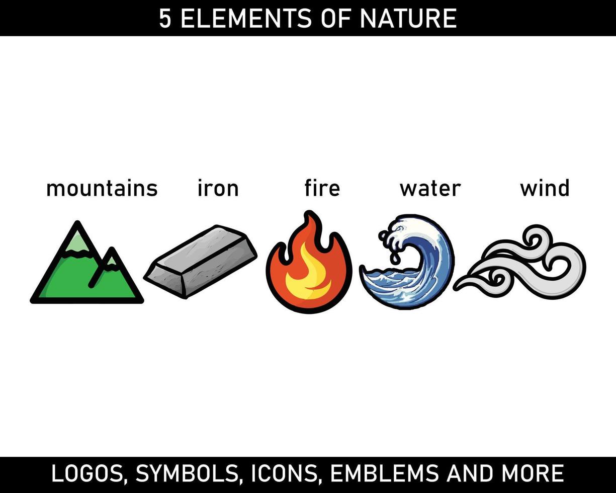 cinco elementos naturaleza vector icono. montañas, hierro, fuego, agua y viento