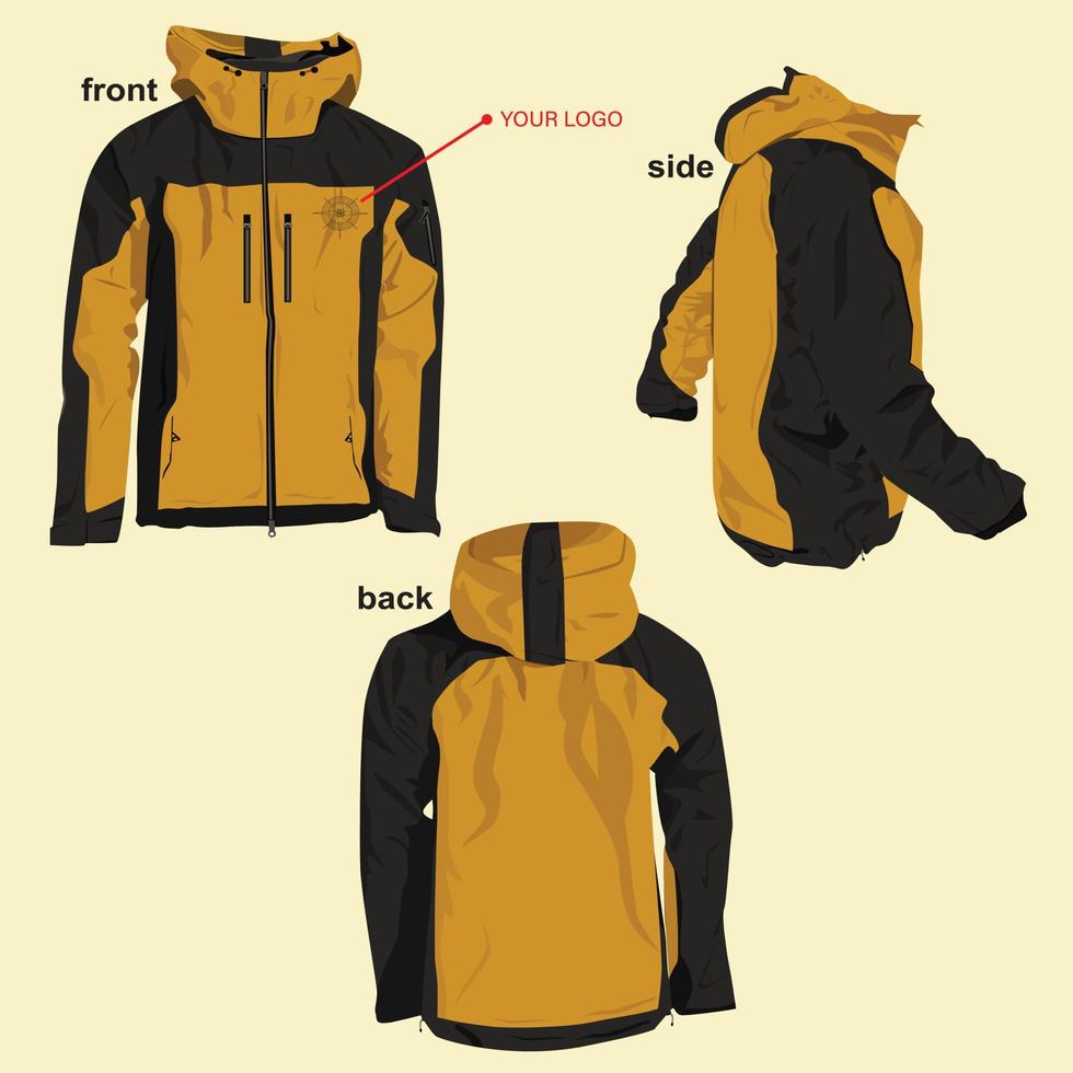 Mountain Jacket Mock-up Design Vector. Front, side, and back view vector