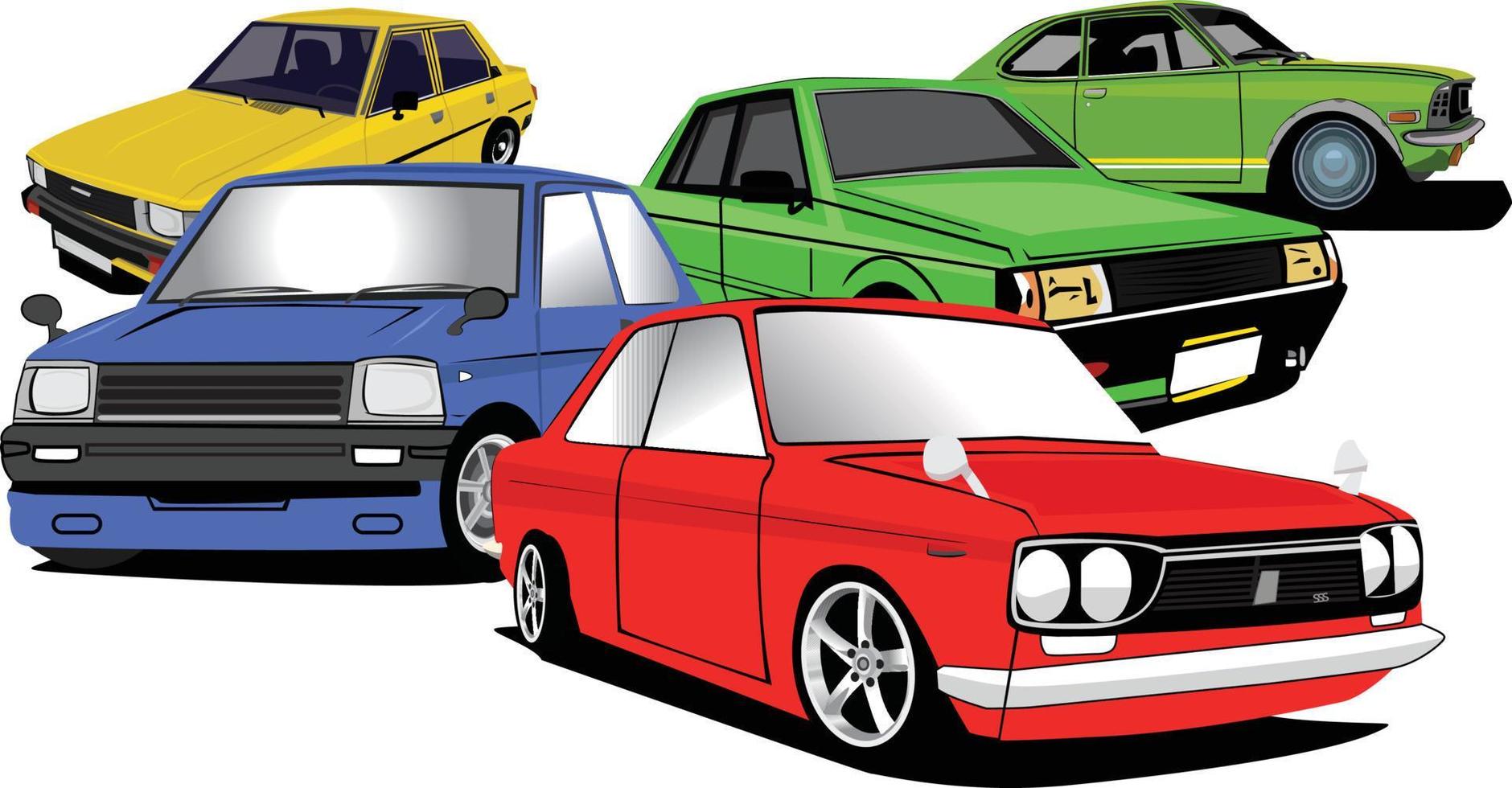 set of colorful classic cars. retro car vector illustration. isolated white background.