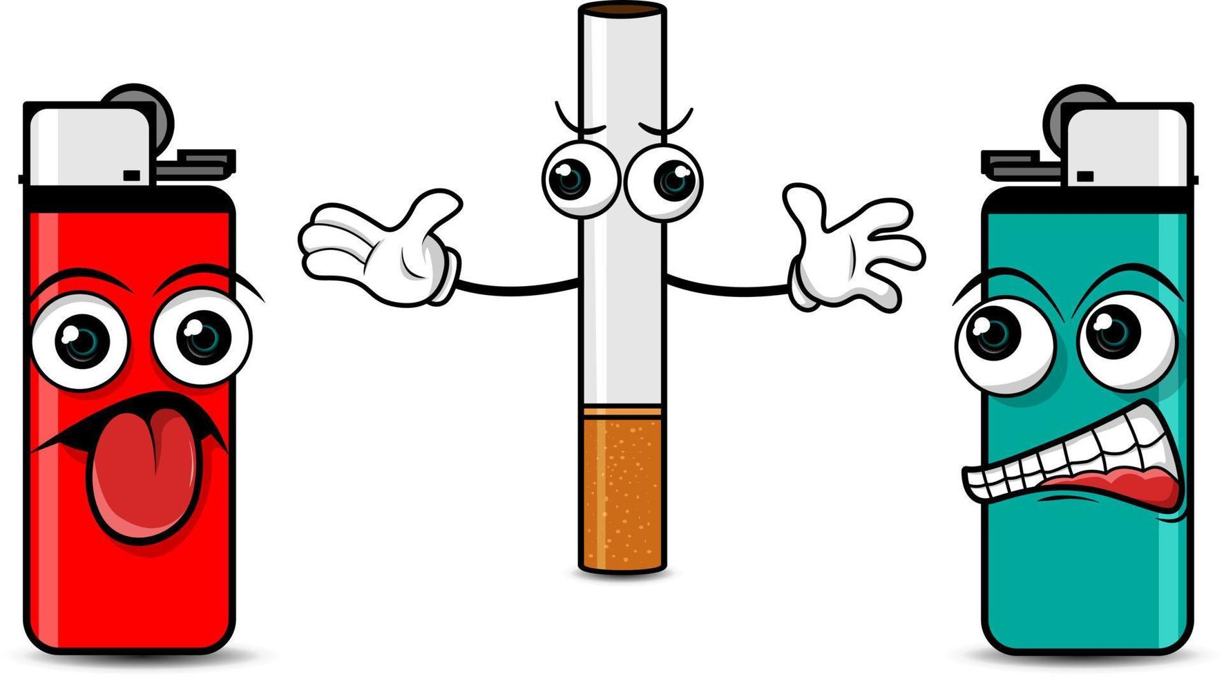 cartoon of two gas lighters clashing and being separated by a cigarette on a white background. vector illustration.