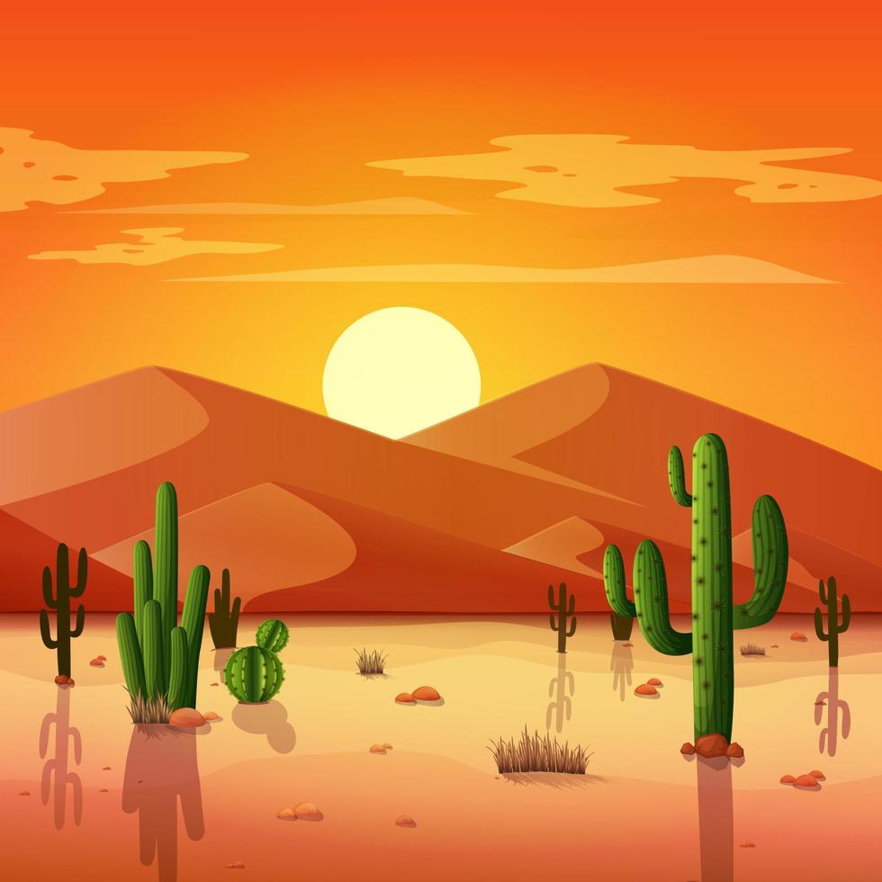 Desert landscape with cactuses on the sunset background vector