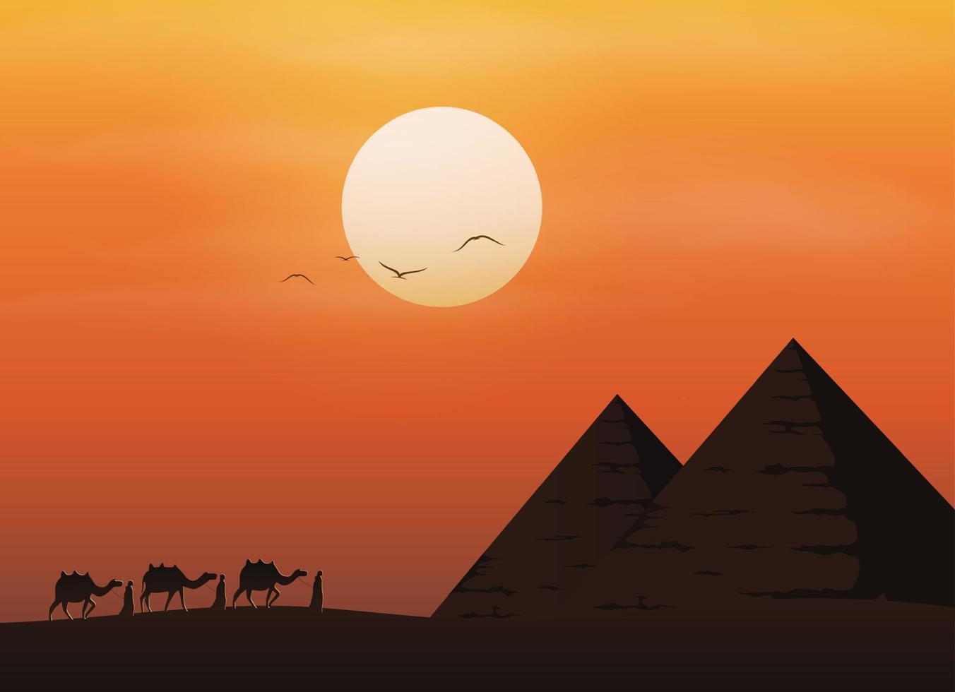 Caravan with camels in desert with pyramids on beautiful sunset background vector