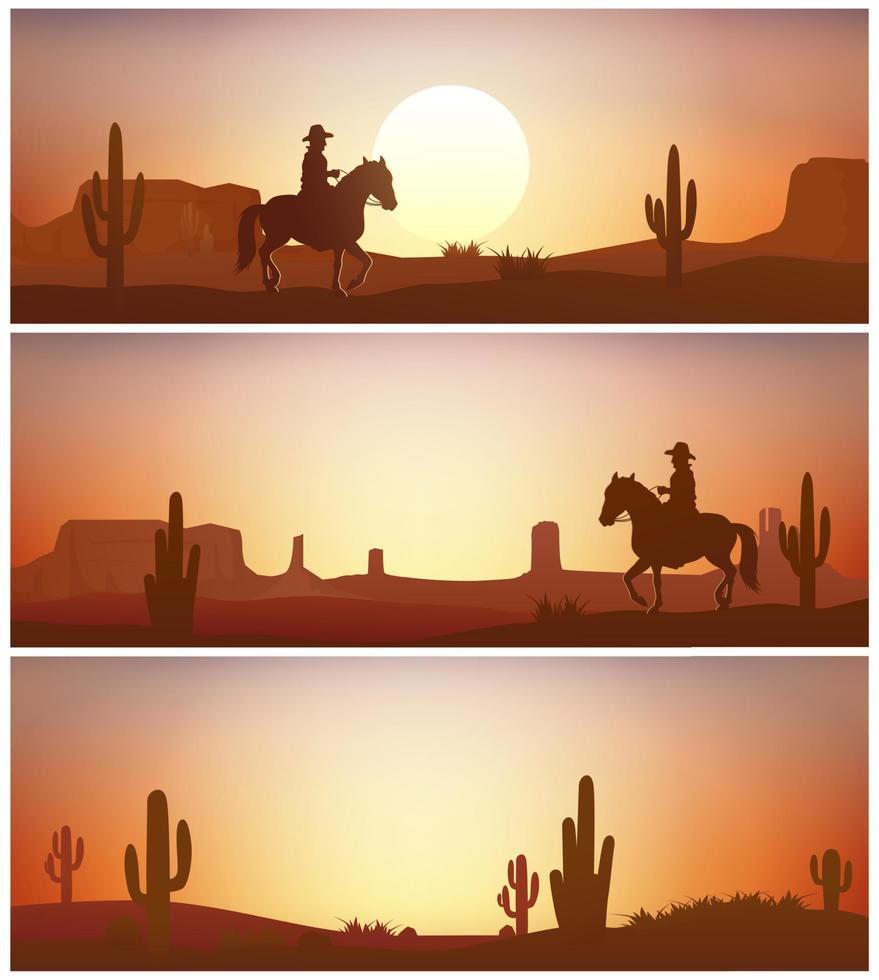 Cowboy riding horse against sunset background. Wild Western silhouettes banners vector