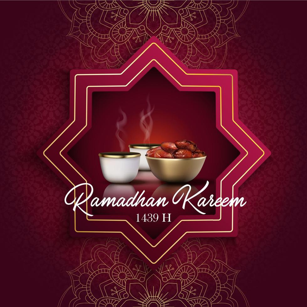 Ramadan Kareem greeting card. Iftar party celebration with traditional coffee cup and bowl of dates vector