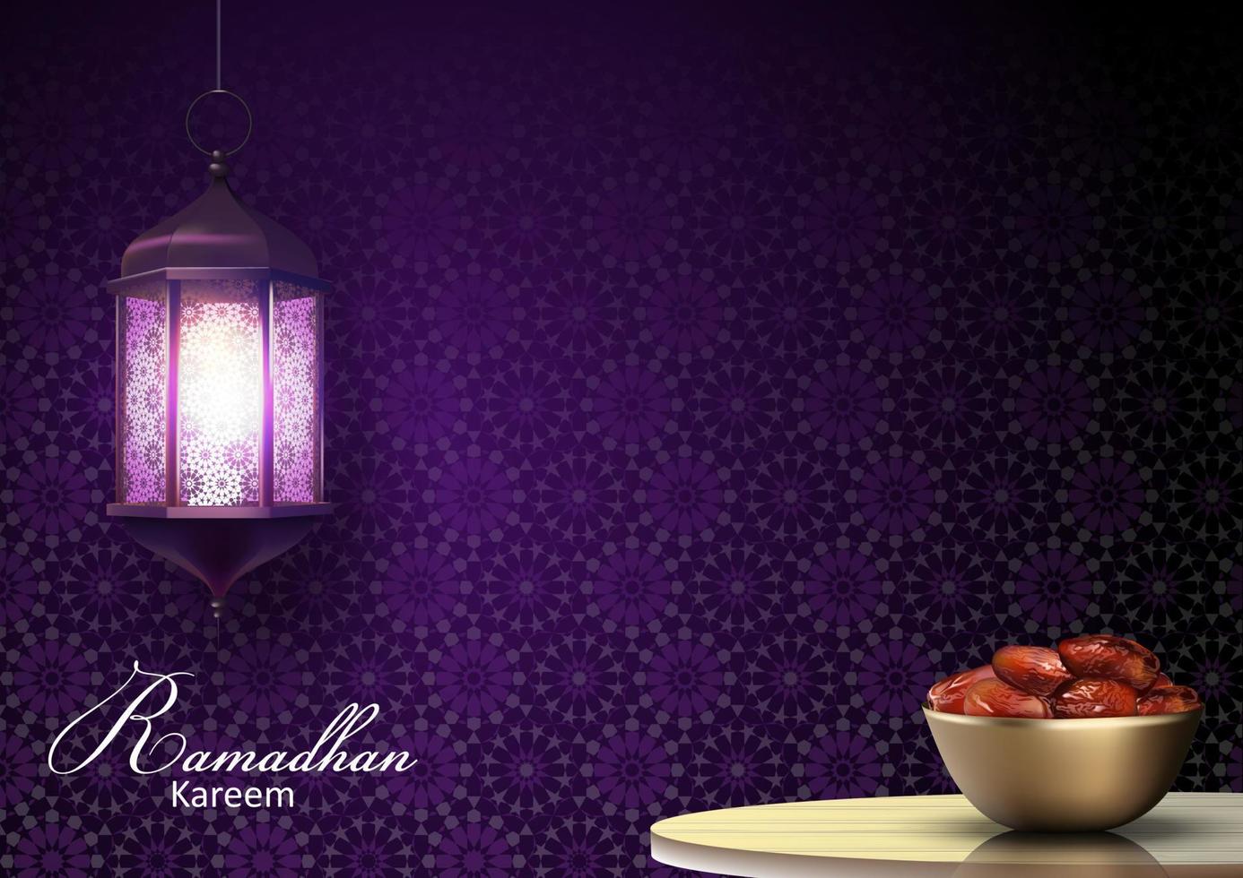 Ramadán kareem saludos con linternas colgando y un cuenco de fechas en cena mesa vector