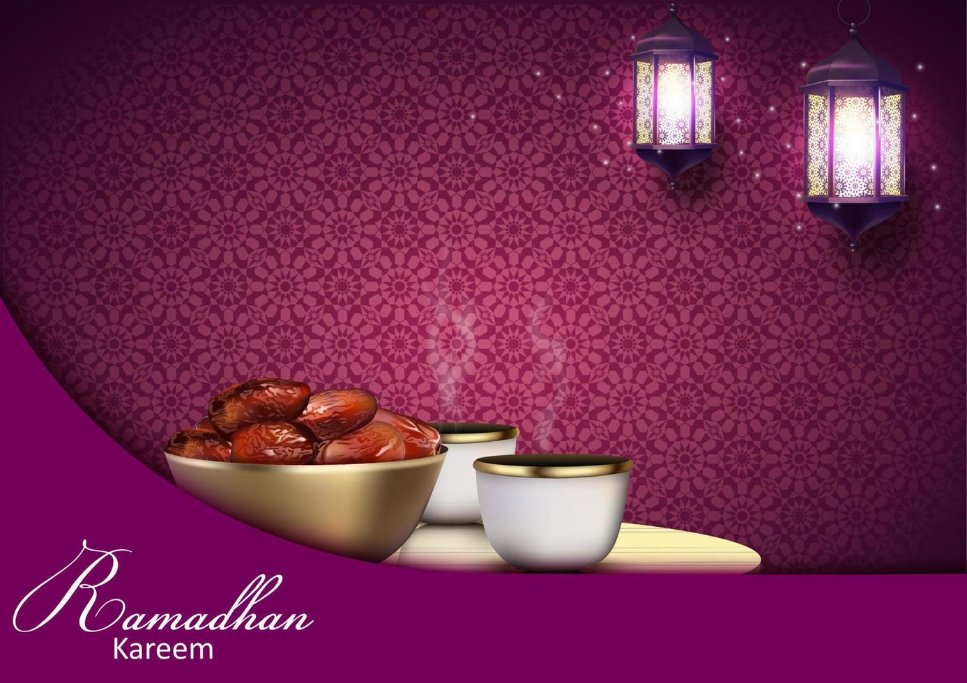 Ramadan Kareem background. Iftar party with traditional coffee cup, bowl of dates and lanterns hanging in a purple glowing background vector