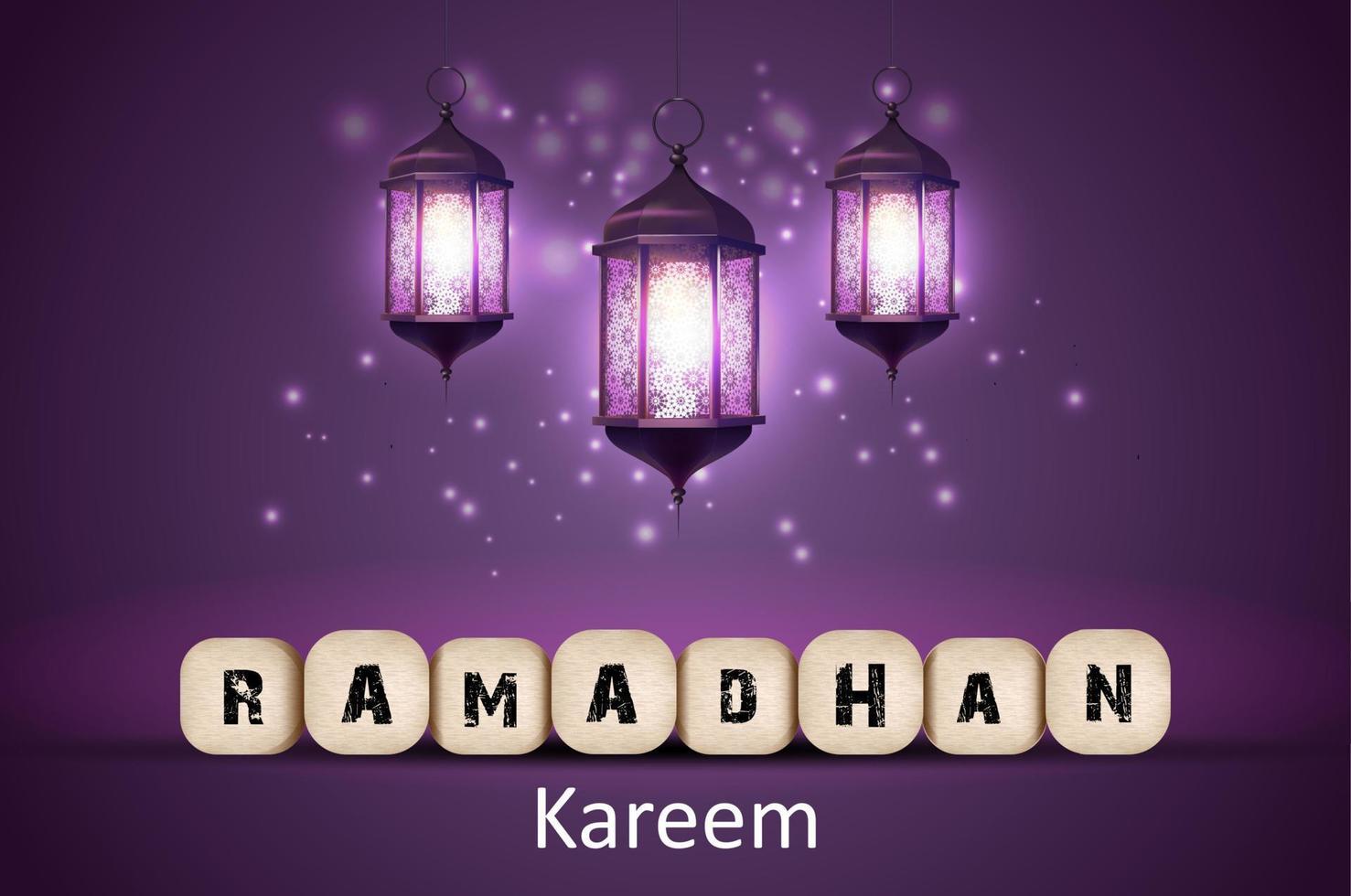 Ramadan Kareem greetings with lanterns in a glowing background vector