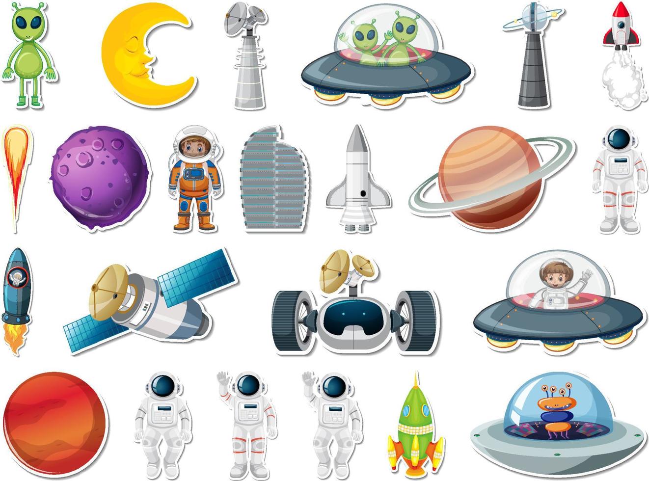 Sticker set of outer space objects and astronauts vector
