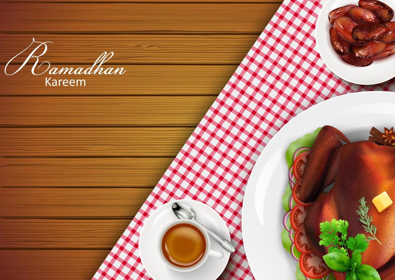 Ramadan Kareem Iftar party celebration with traditional Arabic dishes on wooden table vector