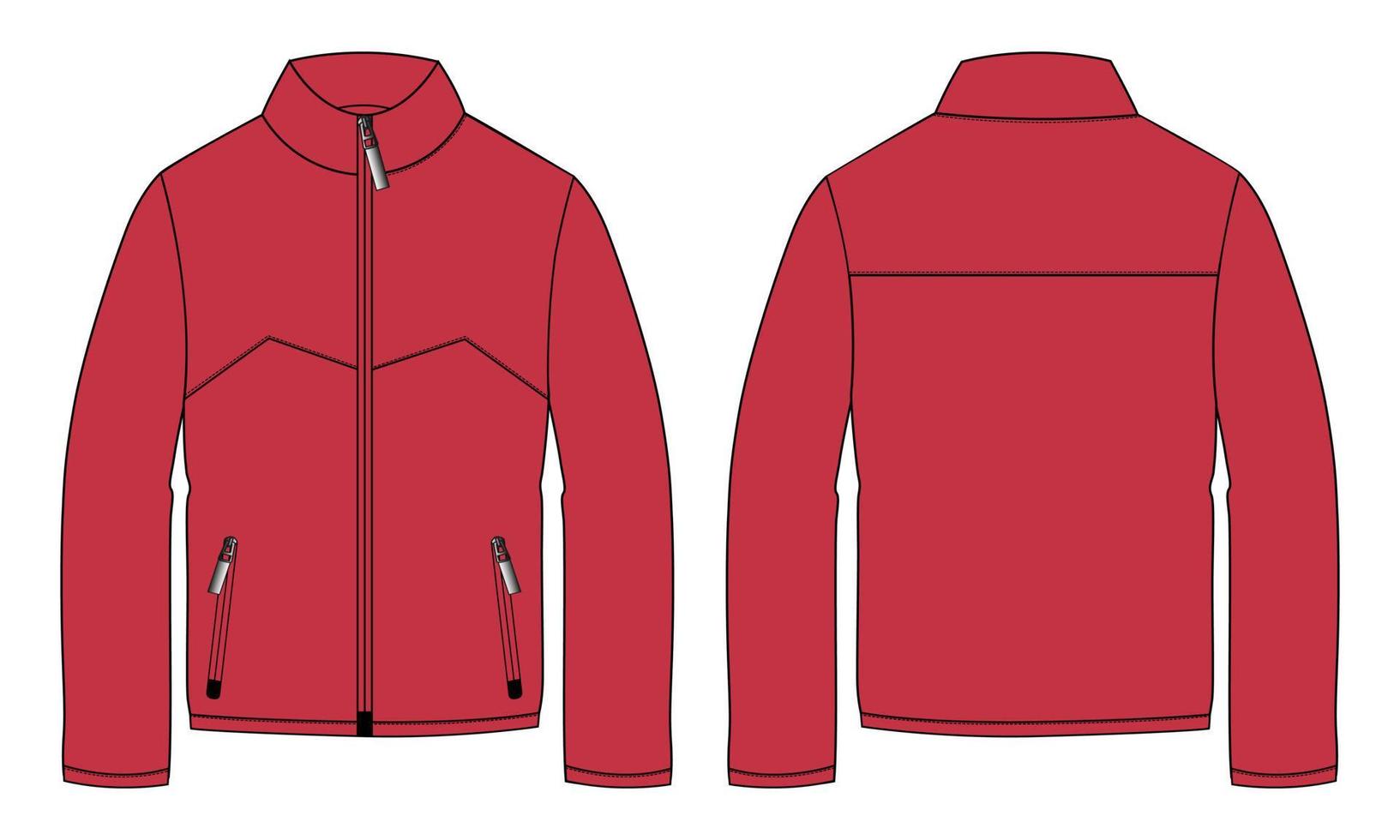 Long sleeve jacket with pocket and zipper technical fashion flat sketch vector illustration Red template front and back views. Fleece jersey sweatshirt jacket for men's and boys.