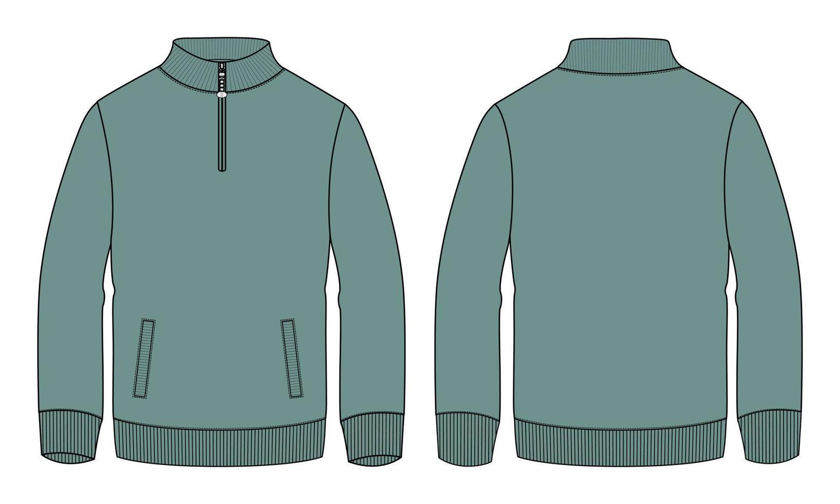 Long sleeve jacket sweatshirt with pocket and zipper technical fashion flat sketch vector illustration Green Color template front and back views.