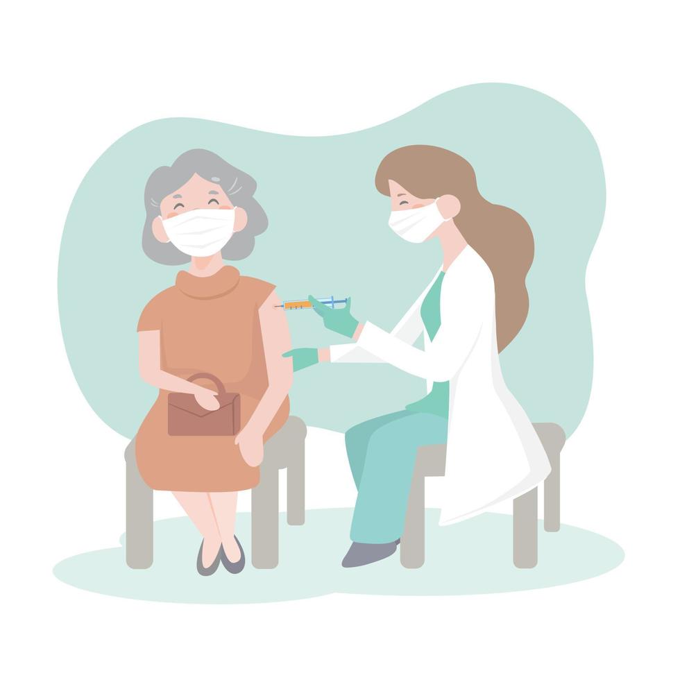 Time to vaccinate.Doctor in clinic giving coronavirus vaccine to elderly people.senior woman and doctor.vaccination of the elderly.corona vaccine.prevention COVID-19.flat design vector illustion.