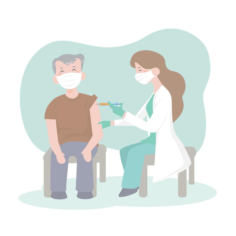 Doctor in clinic giving  vaccine to elderly people.senior man and doctor woman. Time to vaccinate. vaccination of the elderly. prevention COVID-19.flat design vector illustion.