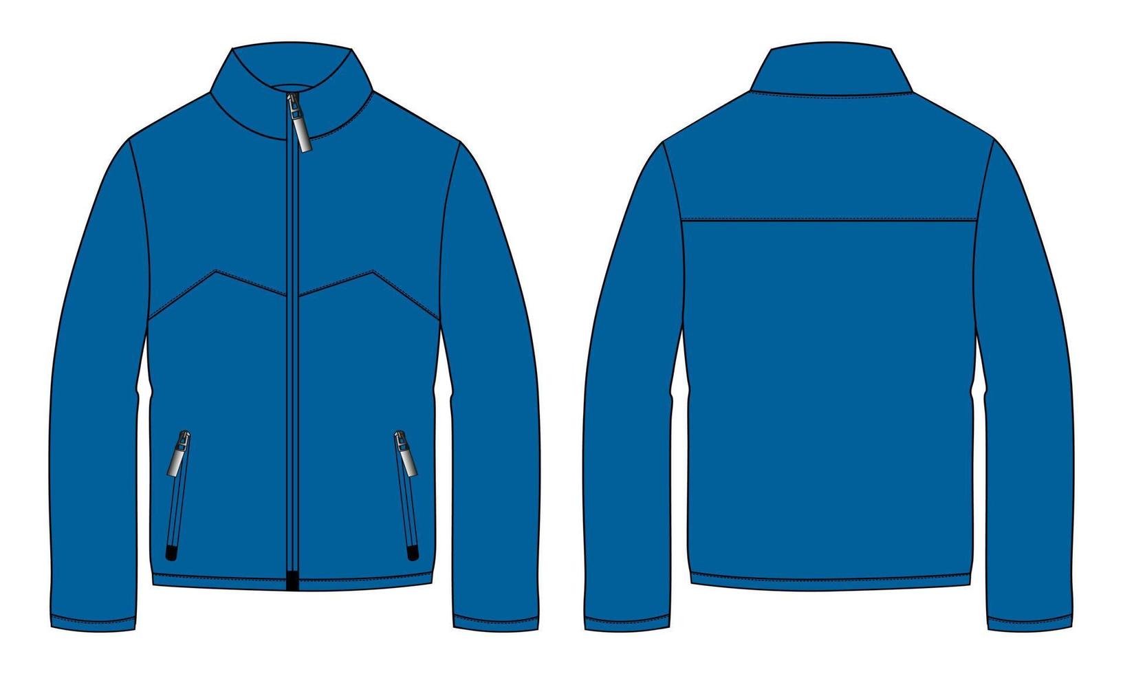 Long sleeve jacket with pocket and zipper technical fashion flat sketch vector illustration Blue Color template front and back views. Fleece jersey sweatshirt jacket for men's and boys.