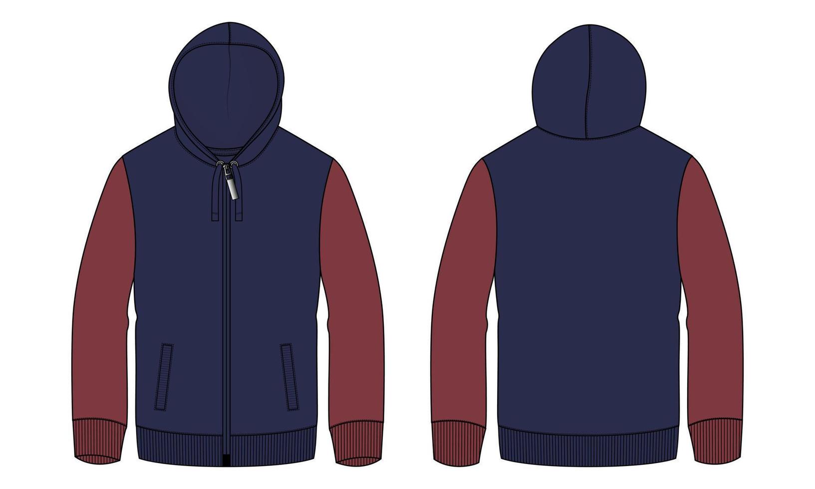 Two tone navy and red Color Long sleeve hoodie technical fashion flat sketch vector illustration template front and back views isolated on white background.