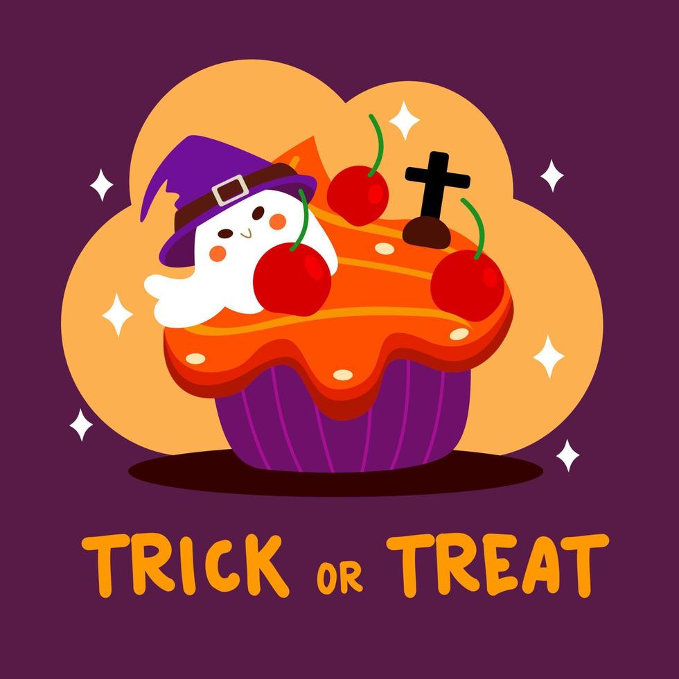 Cute Halloween cupcake cartoon.Trick or treat.vector illustion.kawaii Halloween concept.home made and Fresh baked Sweet and dessert. vector