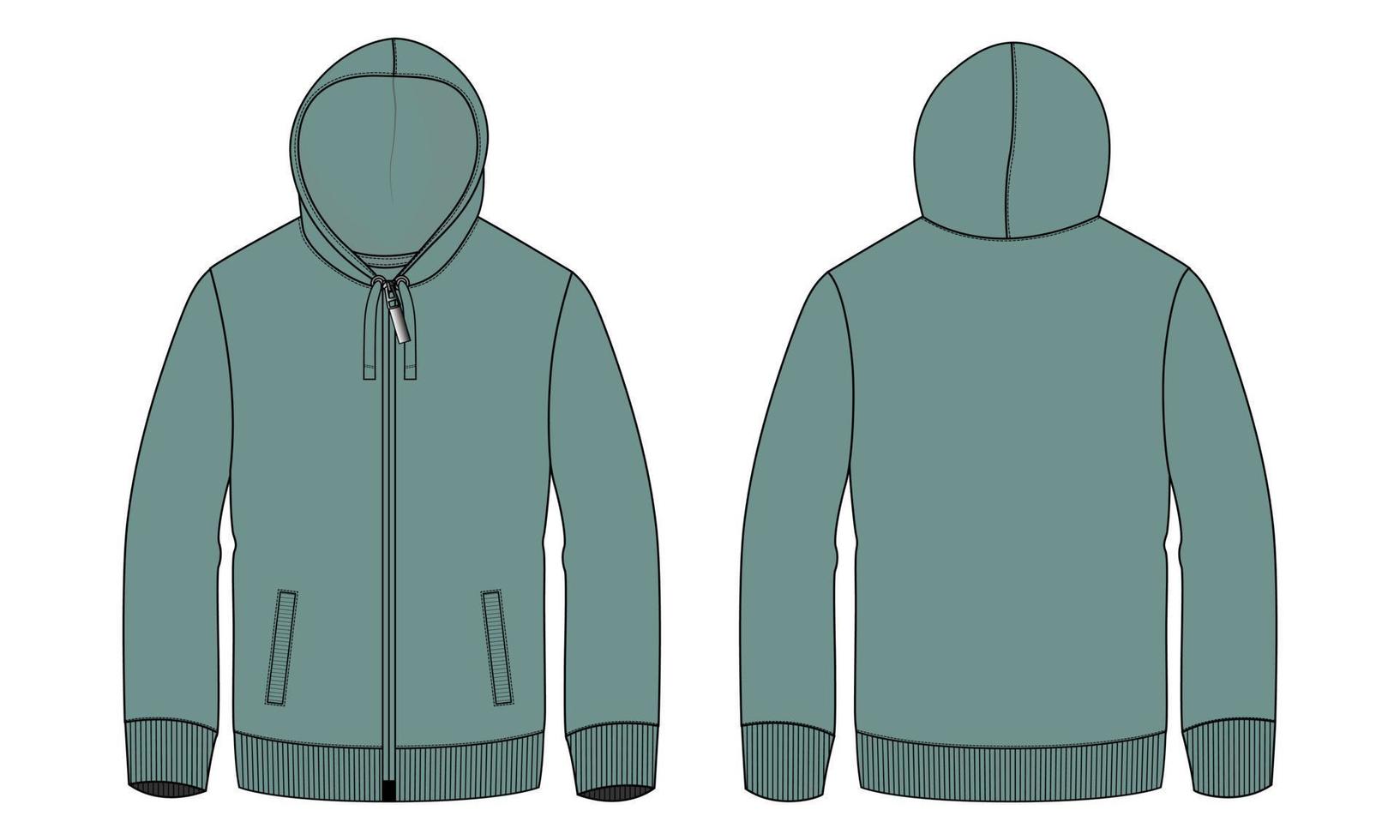Long sleeve hoodie technical fashion flat sketch vector illustration Green Color template front and back views isolated on white background.