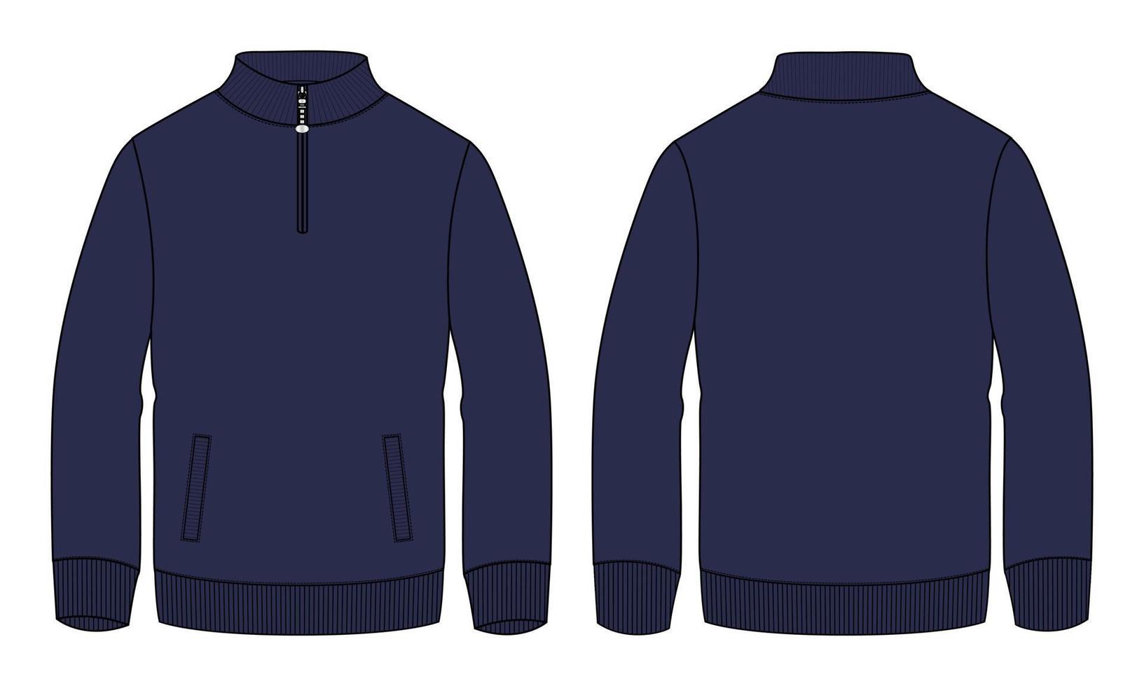 Long sleeve jacket sweatshirt with pocket and zipper technical fashion flat sketch vector illustration Navy Color template front and back views.