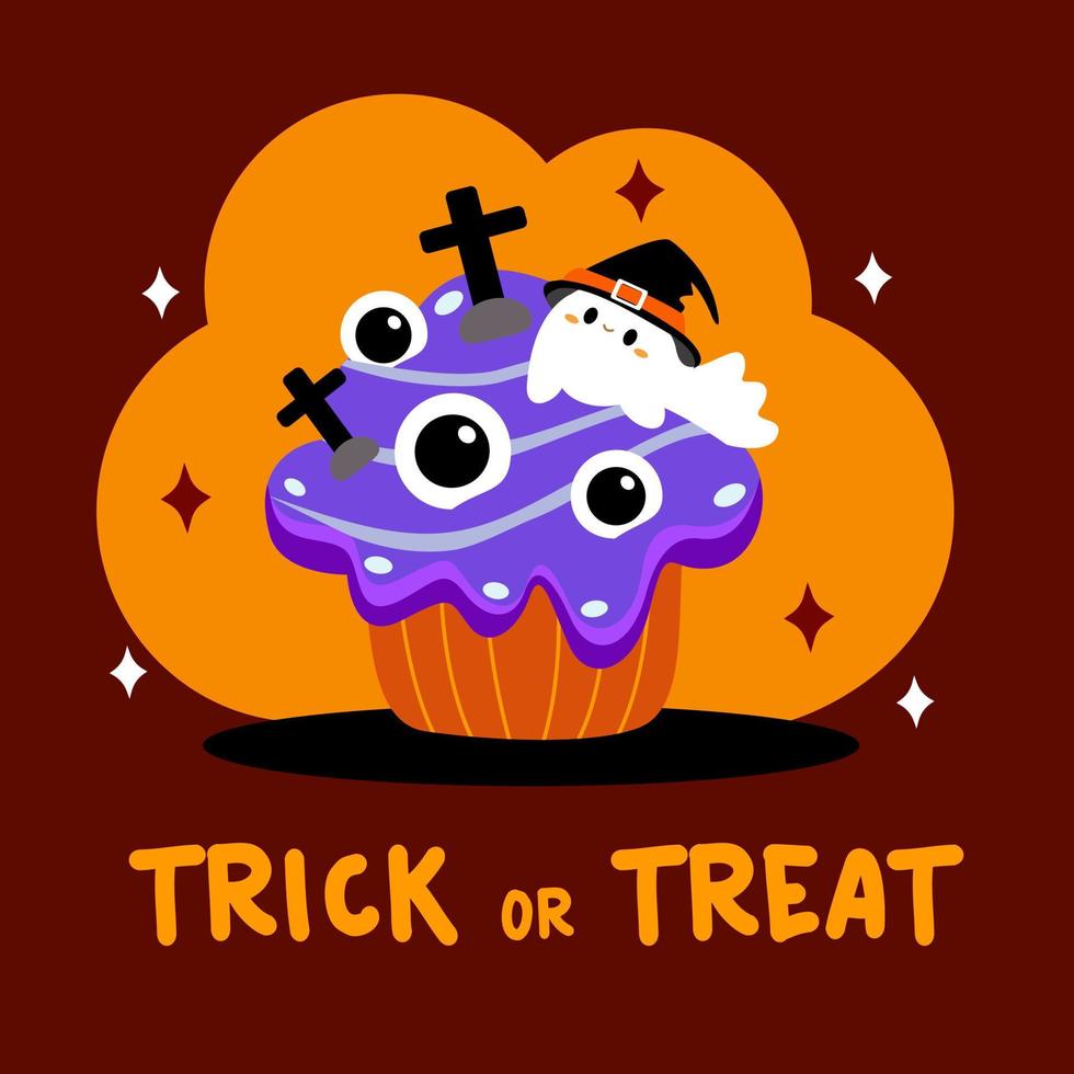 Cute Halloween cupcake cartoon.Trick or treat.vector illustion.kawaii Halloween concept.home made and Fresh baked Sweet and dessert. vector