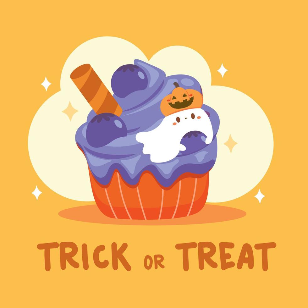 Halloween cupcake with fresh Blueberries.sweet dessert with blueberry flavor.Cute ghost wearing pumpkin hat holding.vector illustion for bakery shop.Halloween party. vector