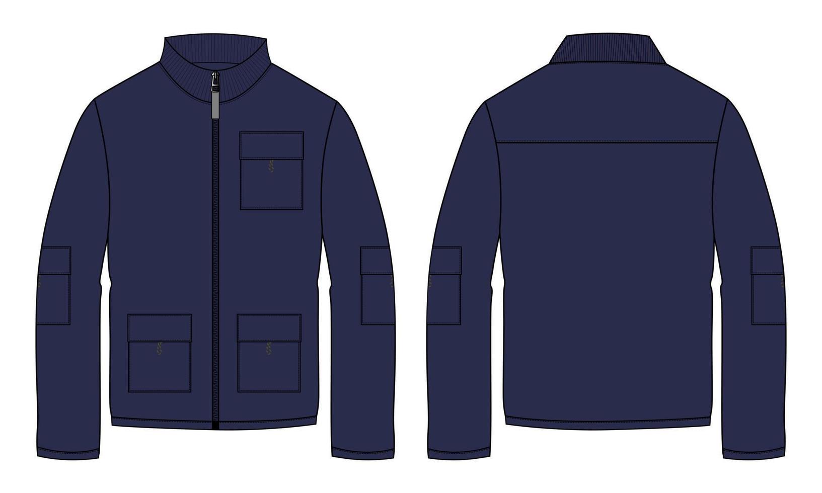 Long sleeve jacket with pocket and zipper technical fashion flat sketch vector illustration Navy Color template front and back views. Fleece jersey sweatshirt jacket for men's and boys.