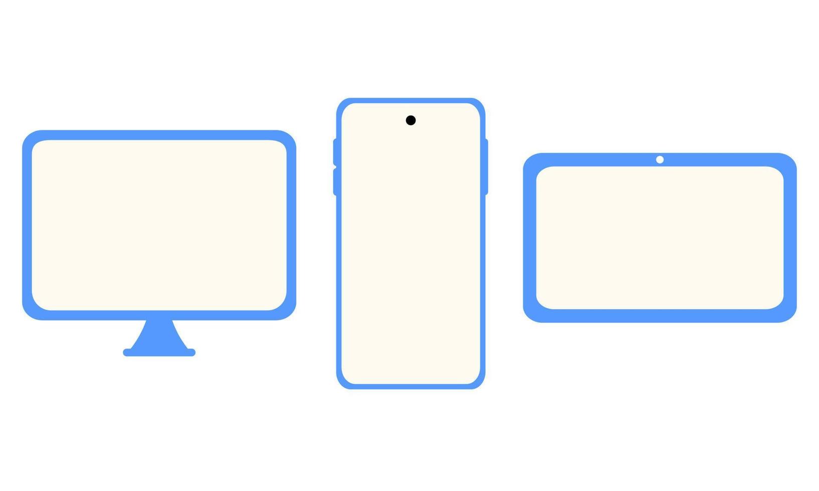 Computer, mobile smartphone, tablet device with blank screen. Mobile app development, application building, UI and UX, web design. Vector for presentation, application display, information graphics