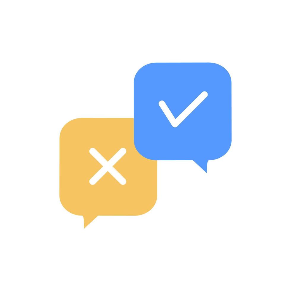 Flat survey reaction icon. Cancellation icons, confirmed signs of false rejection, accepted, decline, remove, clarification, question. Check and cross, dos and don'ts, yes or no on bubble speech. vector