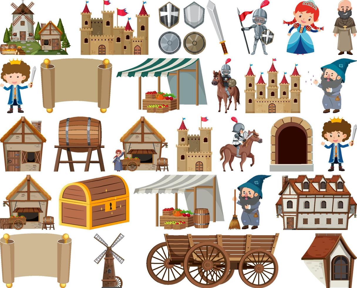 Medieval characters buildings set vector