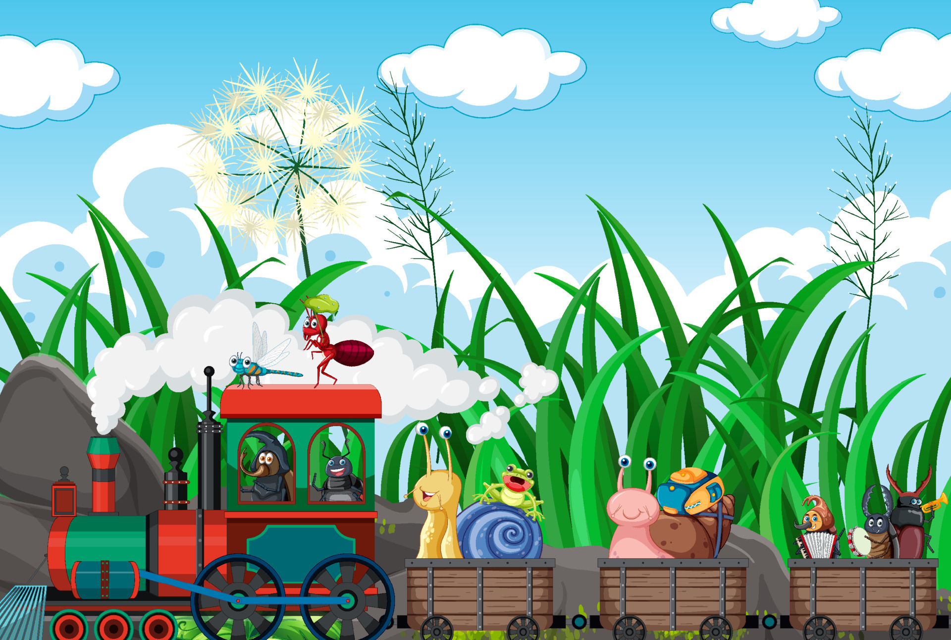 Many insects riding on the train 19850001 Vector Art at Vecteezy
