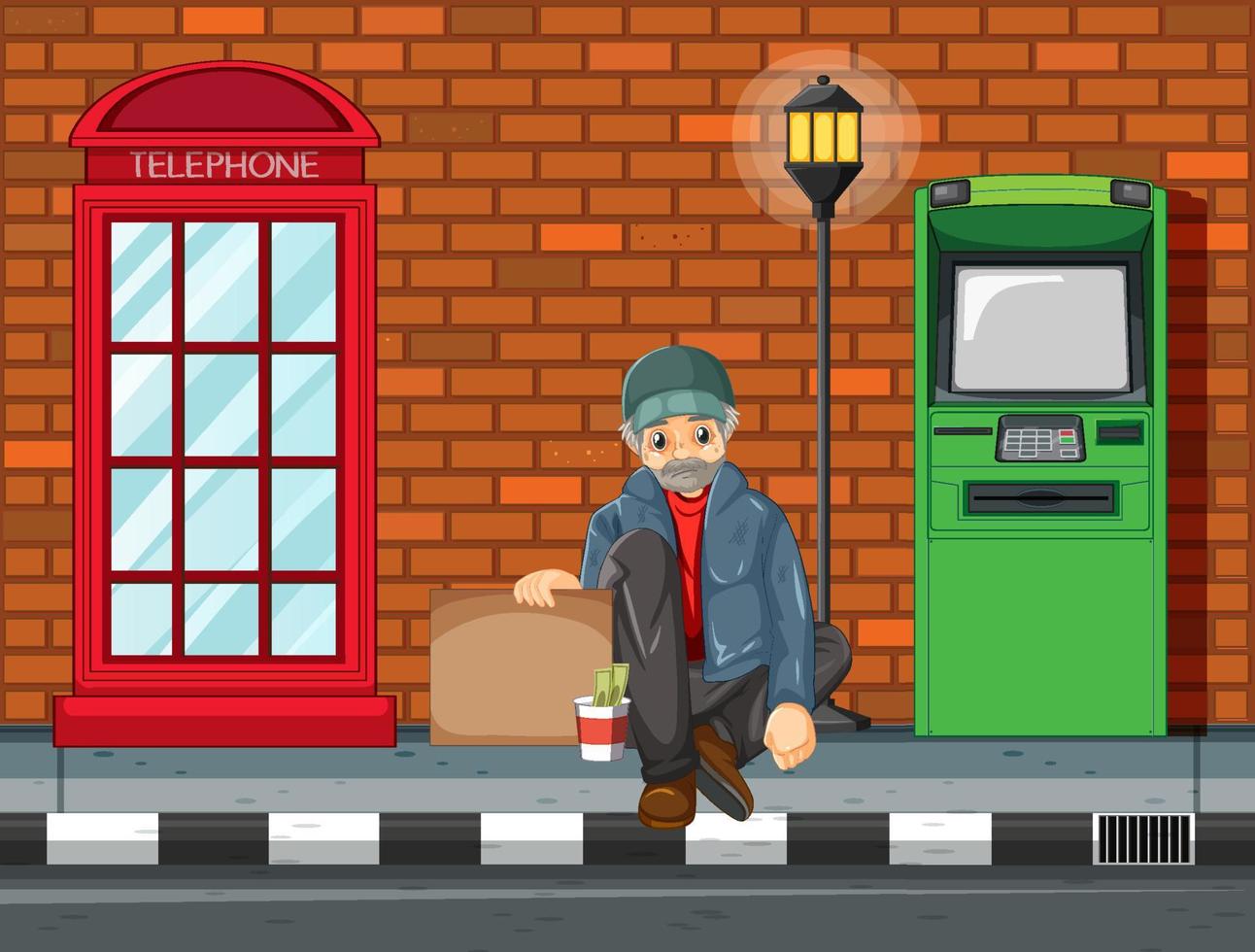 Homeless man sitting between telephone and atm vector